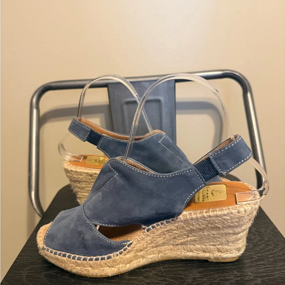 Kanna Spain Blue Leather Espadrille Wedge Sandals EU 37 US 6.5 Peep Toe